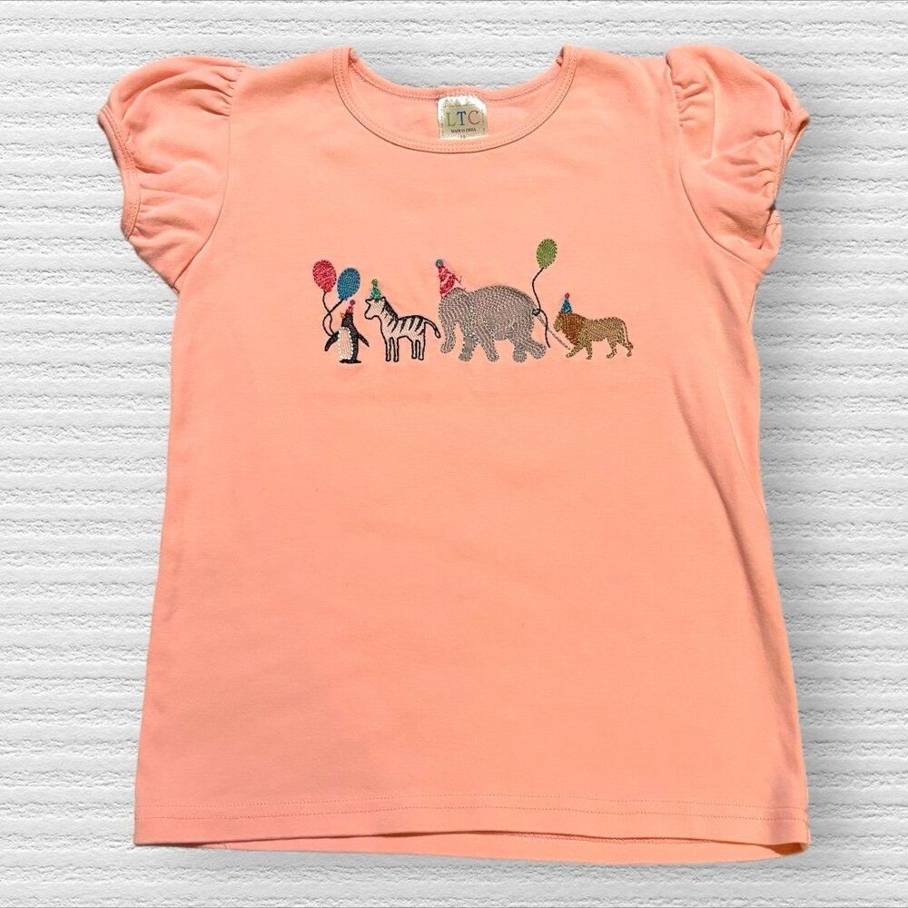 LTC Girls 10 Pink Zoo Animal Birthday Parade Tee Shirt Cap Sleeve